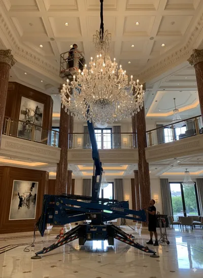 Templom karbantartás, csillárcsere kosaras emelőgéppel