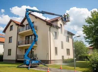 Homlokzattisztítás kosaras emelőgéppel