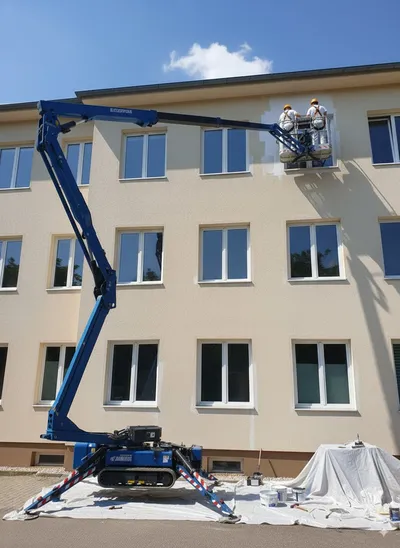 Homlokzatfestés kosaras emelőgéppel